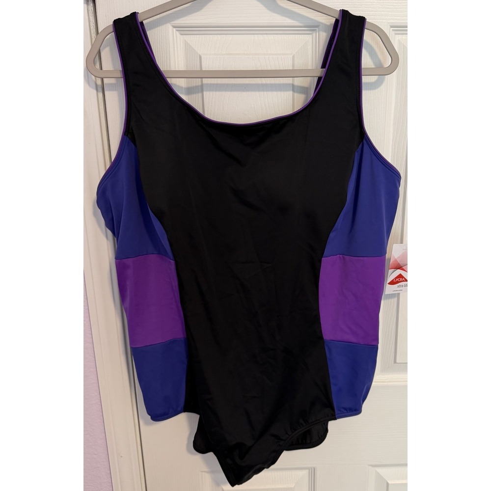 NWT Lands' End One Piece Swimsuit 24W Black Purple Blue Stretch Built In Bra NEW